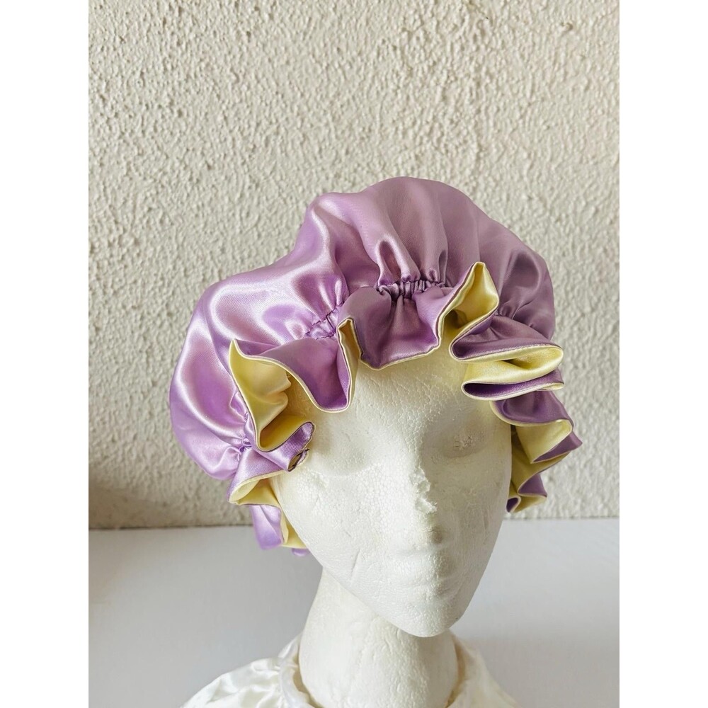 Reversible Satin Sleep Bonnet Hat – Purple & Yellow – Extra Large, Elastic Fit - Picture 8 of 16